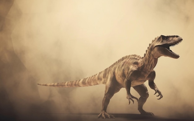 Un dinosauro con collo lungo e collo lungo si trova di fronte a uno sfondo fumoso.