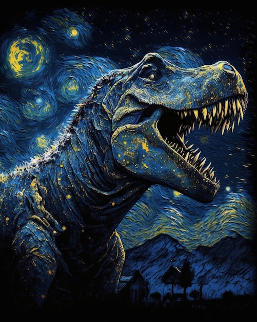 Un dinosauro con il cielo notturno stellato sopra di esso