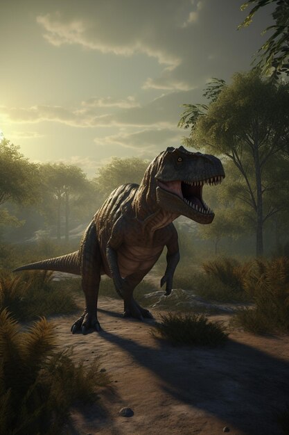 Un dinosauro con un grande t - rex sul dorso si trova in una giungla.