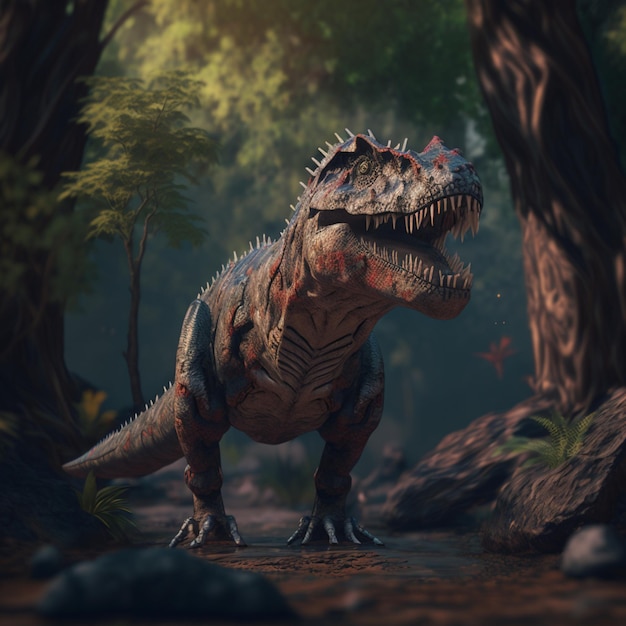 Un dinosauro con una grande bocca è in una foresta.