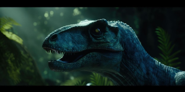 Un dinosauro con una testa blu e uno sfondo verde.