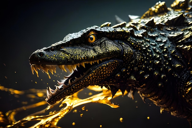 Un dinosauro con uno sfondo nero e una catena d'oro intorno alla bocca.