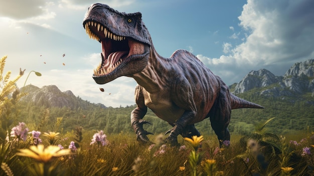 Un dinosauro dal collo lungo cammina in un campo di fiori.