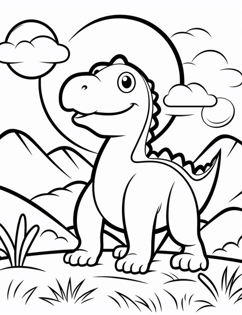 un dinosauro dei cartoni animati in piedi nell'erba con le montagne sullo sfondo