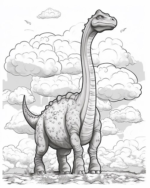 un dinosauro dei cartoni animati in piedi nell'erba con le nuvole sullo sfondo