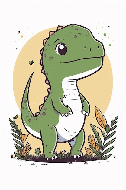 Un dinosauro dei cartoni animati in piedi nell'erba con una foglia in bocca