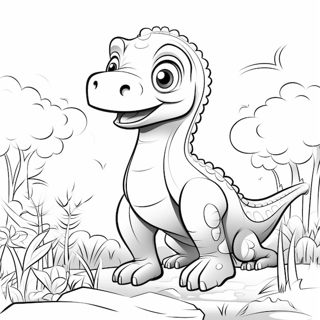 un dinosauro dei cartoni animati seduto nell'erba con un cielo nuvoloso dietro di sé