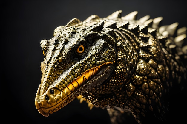 Un dinosauro dorato con uno sfondo nero