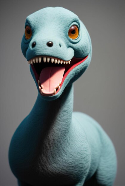 Un dinosauro grigio con denti gialli