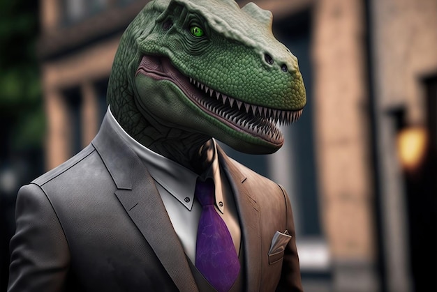 Un dinosauro in giacca e cravatta
