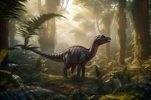 Un dinosauro in una foresta con sopra la parola dinosauri