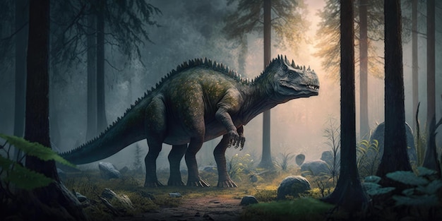 Un dinosauro in una foresta con uno sfondo di foresta