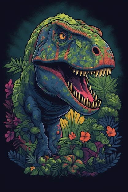 Un dinosauro t-rex con una maglietta verde con su scritto "t-rex".