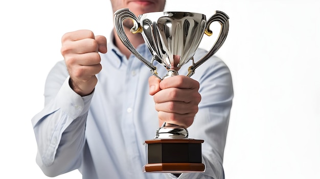 Un dipendente felice con un trofeo dopo un risultato e che celebra la Giornata di Apprezzamento dei Dipendenti