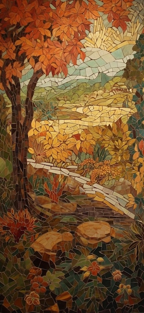 Un dipinto a mosaico di un sentiero con alberi e montagne sullo sfondo.
