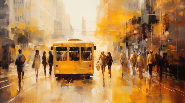 Un dipinto a olio di un carrello giallo sulla strada ai