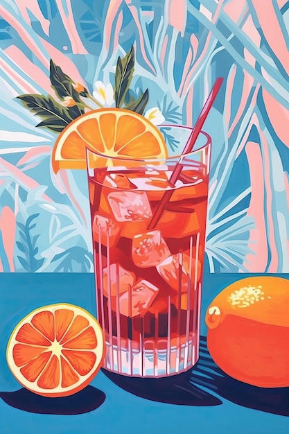 Un dipinto a olio di un tavolo con un vaso di frutta e un vaso con un tavolo di cocktail a bevande di frutta