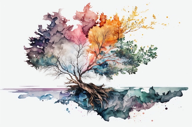 Un dipinto ad acquerello astratto di un albero con rami colorati