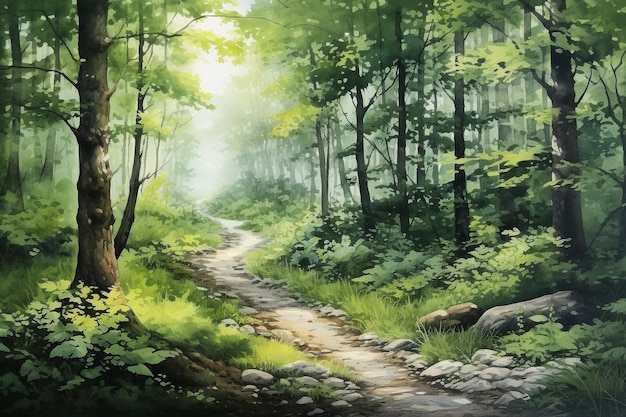 Un dipinto ad acquerello della foresta della serenità dell'acquerello
