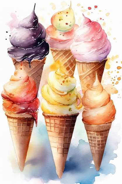 Un dipinto ad acquerello di coni gelato con gusti diversi.