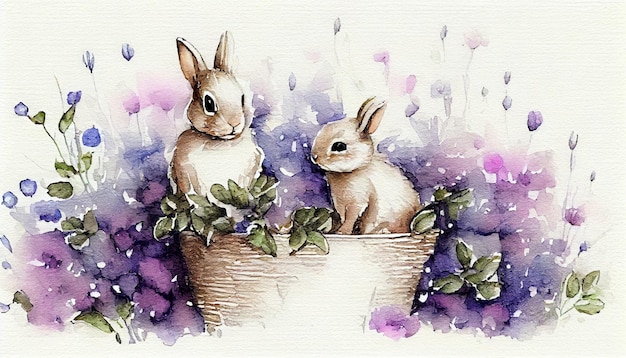 Un dipinto ad acquerello di due coniglietti in un cesto.