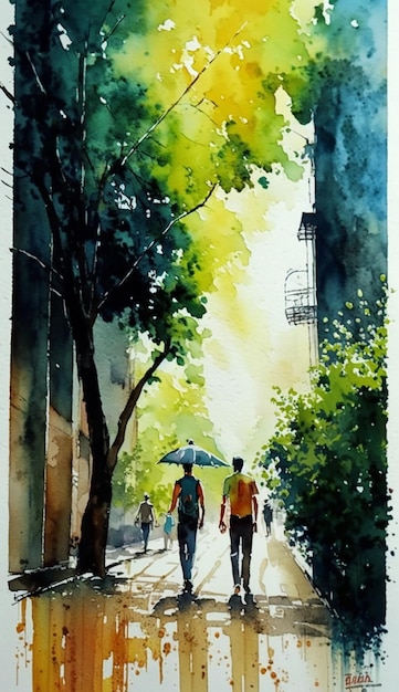 Un dipinto ad acquerello di due persone che camminano lungo una strada.