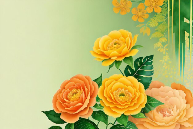 un dipinto ad acquerello di fiori arancioni e foglie verdi
