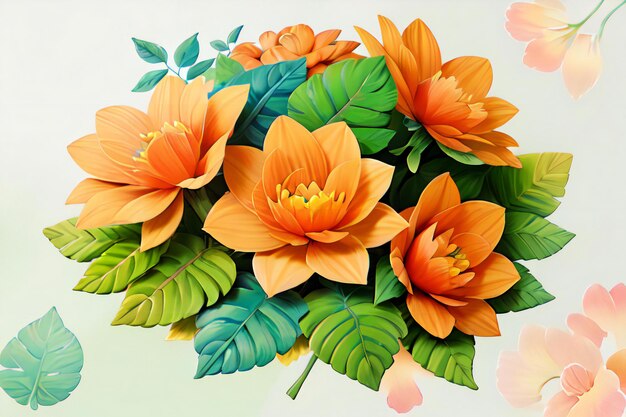 un dipinto ad acquerello di fiori arancioni e foglie verdi