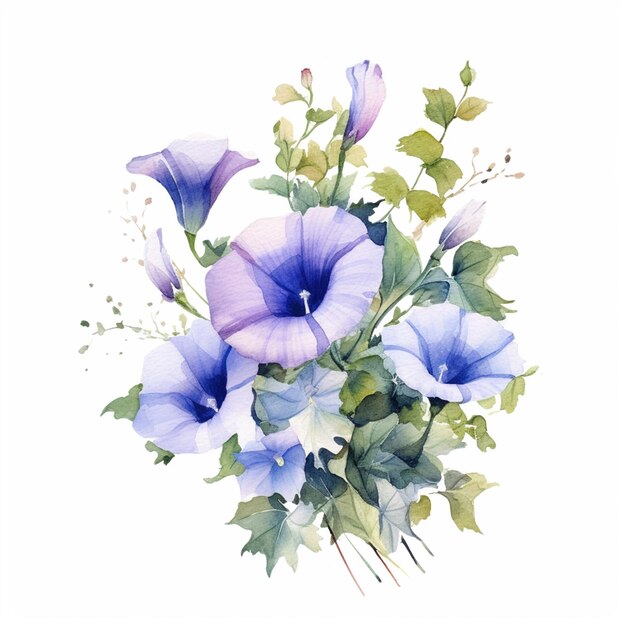 Un dipinto ad acquerello di fiori blu e viola con foglie verdi.