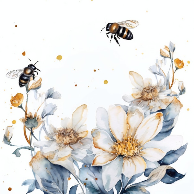 Un dipinto ad acquerello di fiori con sopra delle api.