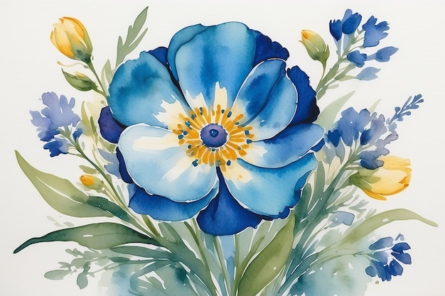 Un dipinto ad acquerello di fiori con un anello blu