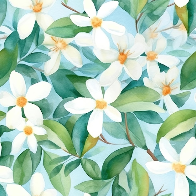 Un dipinto ad acquerello di fiori di magnolia bianca con foglie verdi.