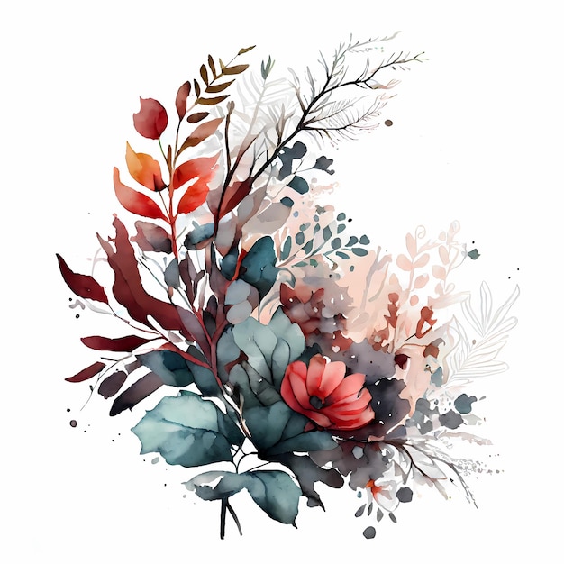 Un dipinto ad acquerello di fiori e foglie.
