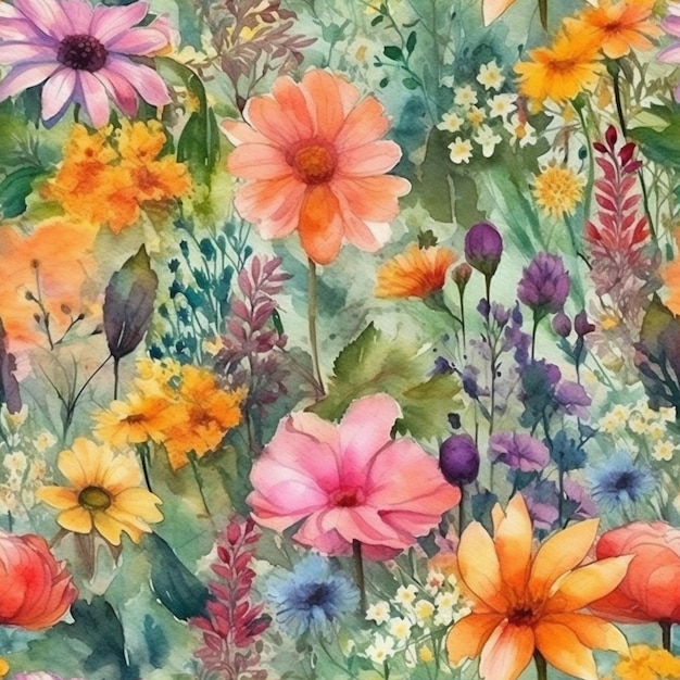 Un dipinto ad acquerello di fiori e piante.