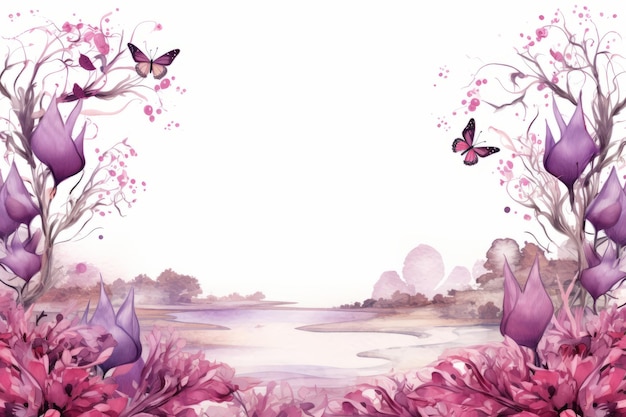 un dipinto ad acquerello di fiori viola e farfalle