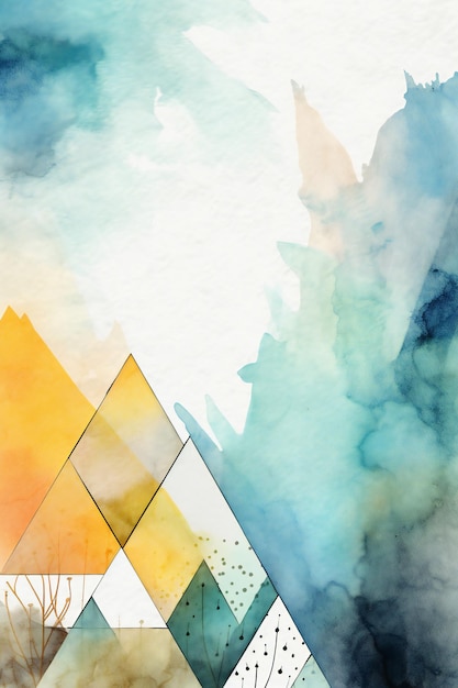Un dipinto ad acquerello di montagne con un triangolo blu e giallo sul fondo.