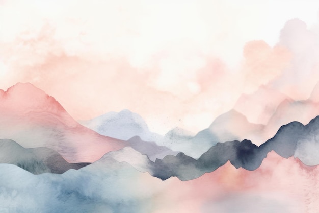 Un dipinto ad acquerello di montagne con una montagna sullo sfondo.