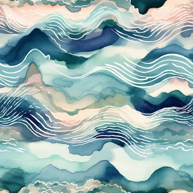 Un dipinto ad acquerello di onde con le parole oceano sul fondo.