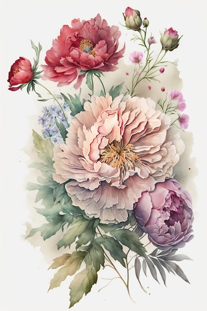 Un dipinto ad acquerello di peonie e altri fiori.