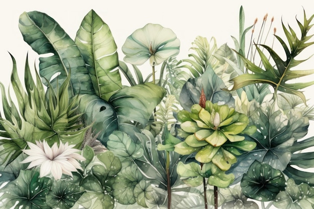 Un dipinto ad acquerello di piante tropicali.