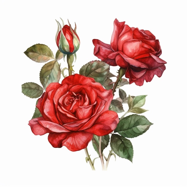 Un dipinto ad acquerello di rose rosse con foglie verdi.