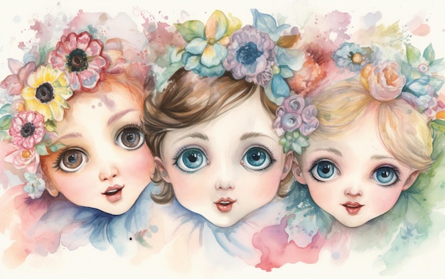 Un dipinto ad acquerello di tre ragazze con fiori in testa.
