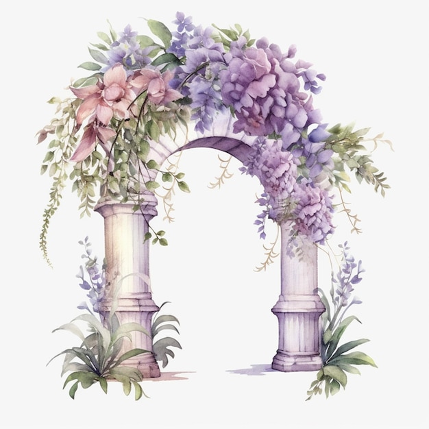 Un dipinto ad acquerello di un arco da giardino con fiori viola e rosa.