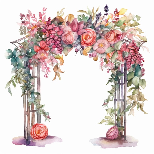 Un dipinto ad acquerello di un arco nuziale con fiori.