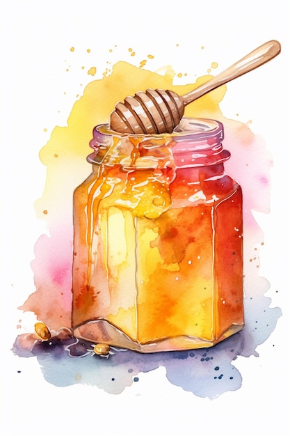 Un dipinto ad acquerello di un barattolo di miele con un cucchiaio.