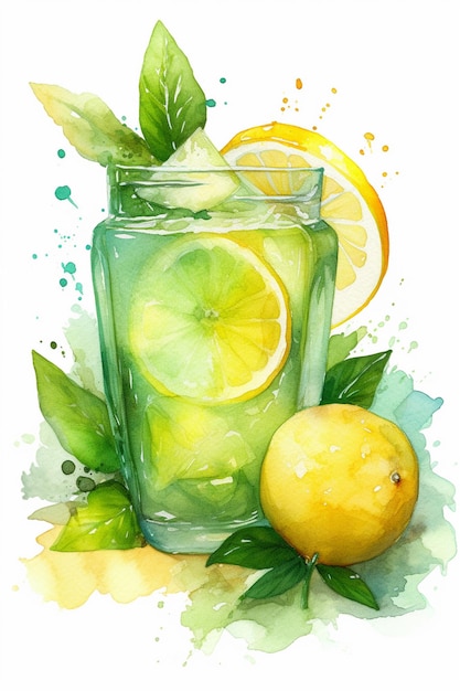 Un dipinto ad acquerello di un bicchiere di limonata con foglie verdi e un limone sul fondo.