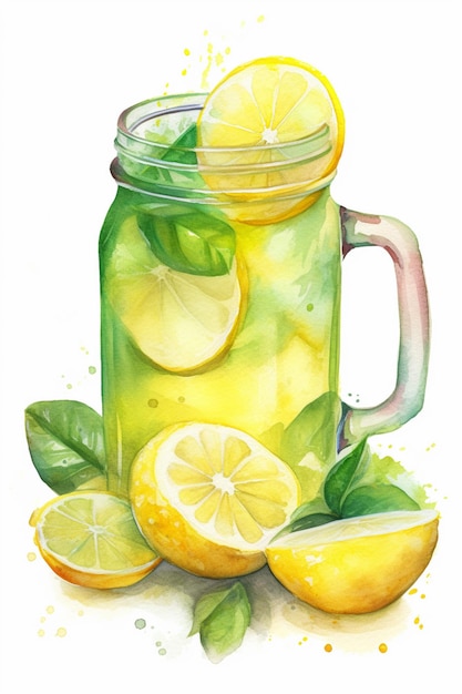 Un dipinto ad acquerello di un bicchiere di limonata con una brocca di limonata.