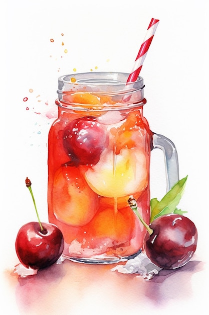 Un dipinto ad acquerello di un bicchiere di succo di ciliegia con una cannuccia rossa e bianca.