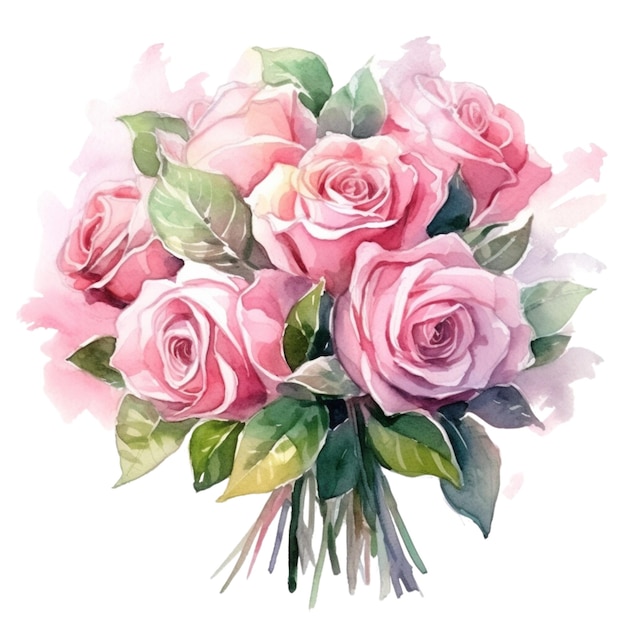 Un dipinto ad acquerello di un bouquet di rose rosa.