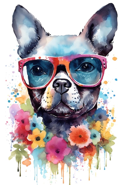 Un dipinto ad acquerello di un bulldog francese che indossa occhiali da sole rosa.